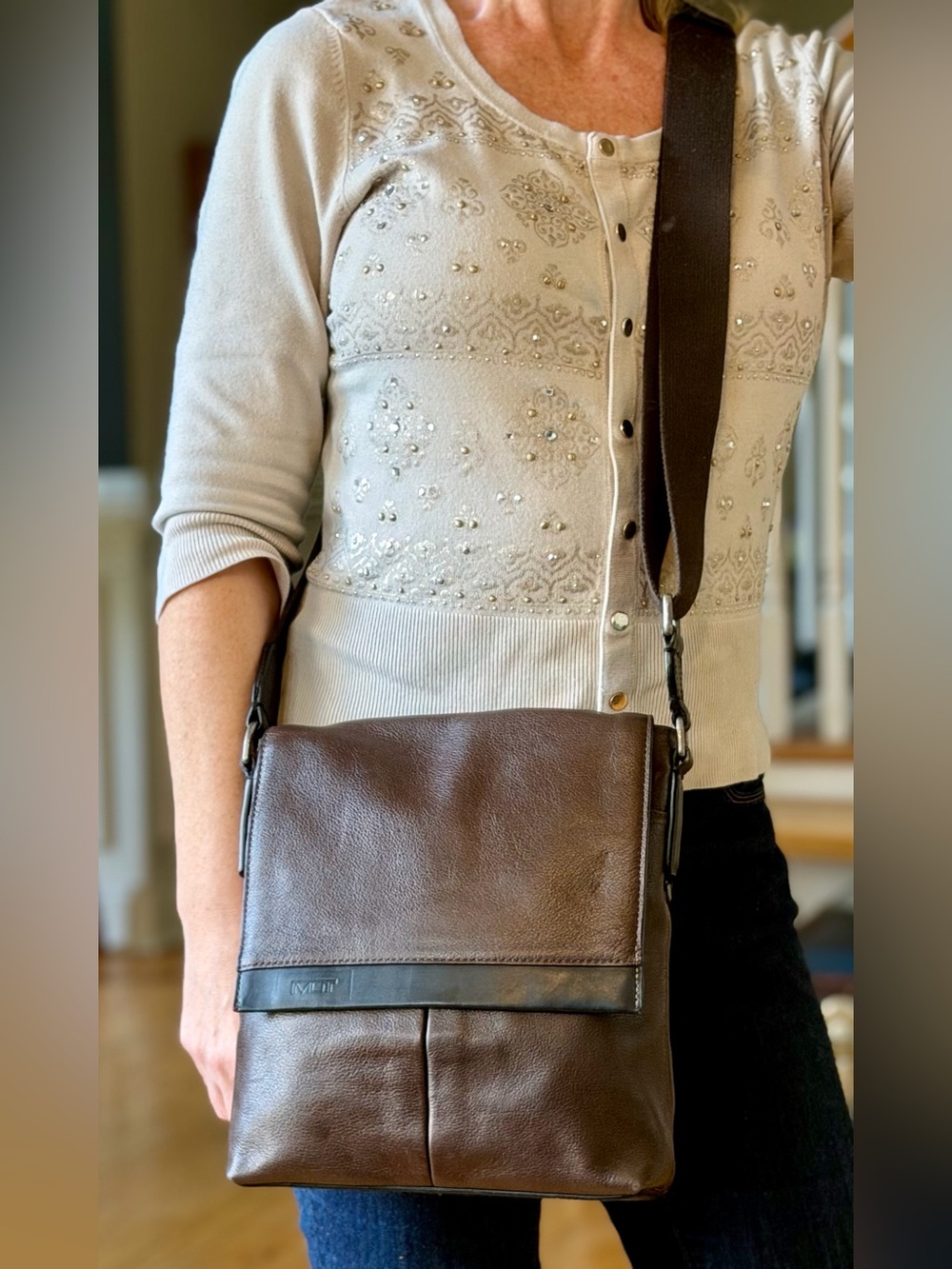 Tumi Modern Centro Padua Leather Messenger Crossbody Bag Chocolate Brown